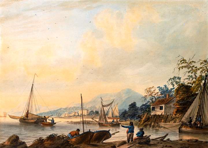 Estuary scene with figures and boats